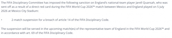 英足总无法对宽萨两场禁赛上诉 FIFA未引用第27条致巴洛贡缓刑不适用