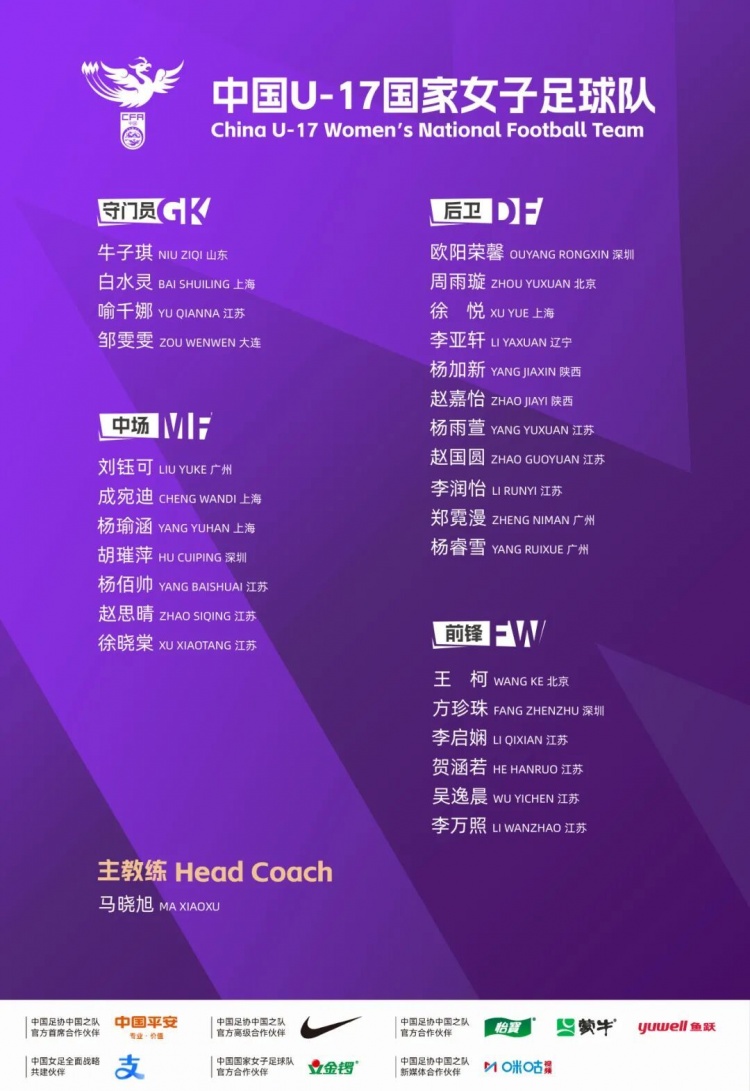 U17女足集训名单出炉：江苏11人领衔，马晓旭挂帅备战世界杯