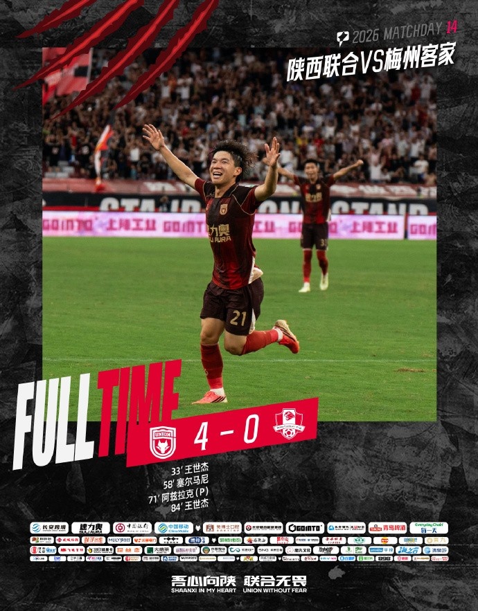 陕西联合主场4-0完胜梅州客家 王世杰两球