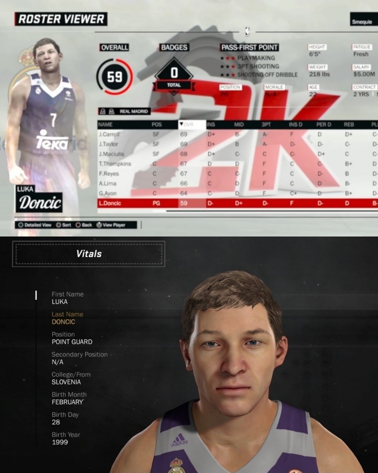东契奇2K19初版评分仅59 脸模遭吐槽