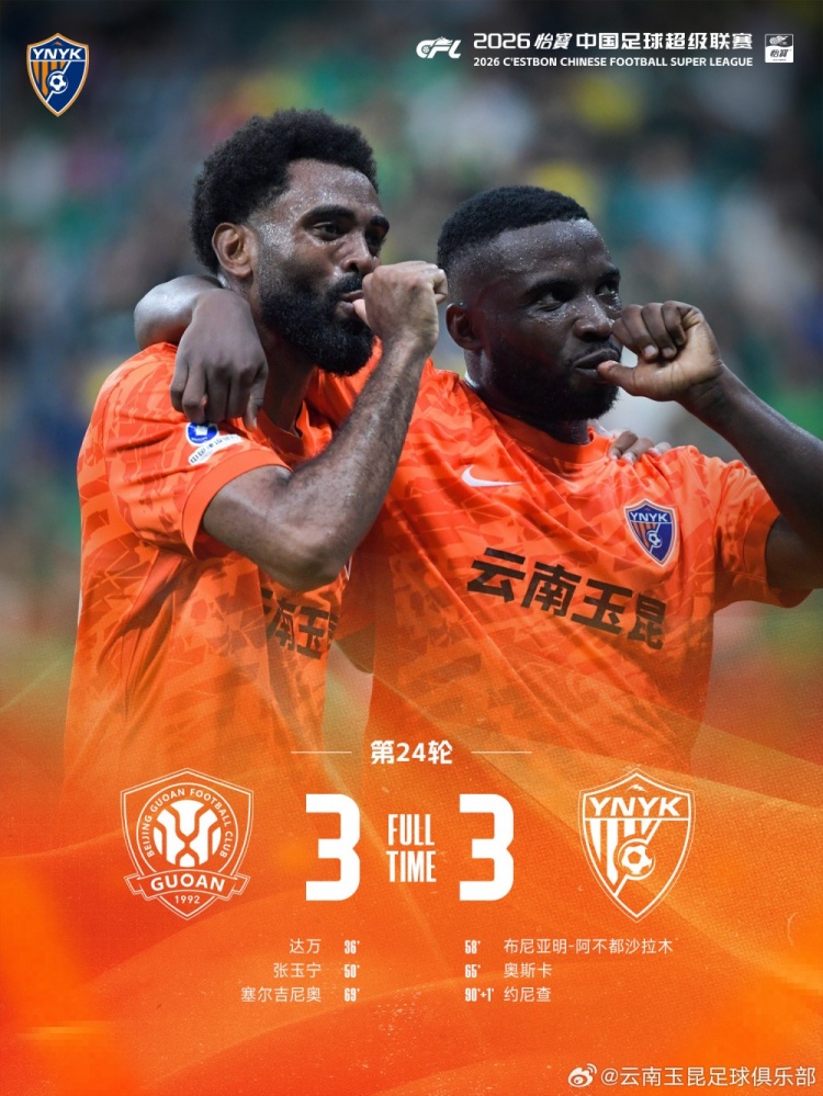 战报·北京国安3-3云南玉昆 战报·北京国安3-3云南玉昆