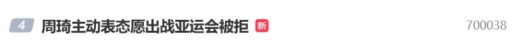 热度很高!“周琦主动表态愿出战亚运会被拒”冲上微博热搜前五 热度很高!“周琦主动表态愿出战亚运会被拒”冲上微博热搜前五